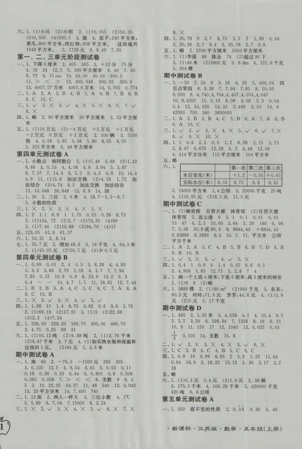 2016年江苏密卷五年级数学上册江苏版 参考答案第2页