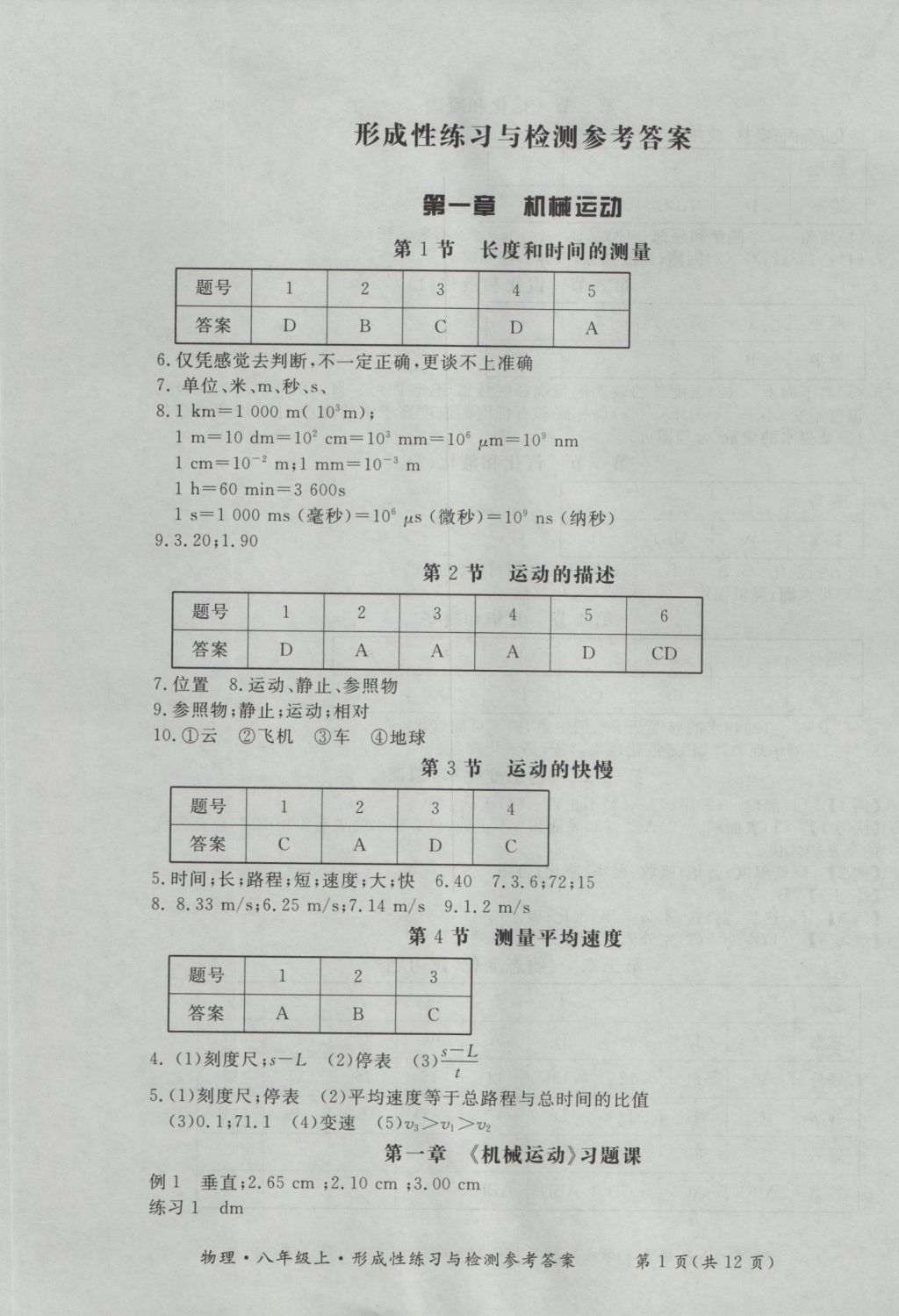 2016年新課標(biāo)形成性練習(xí)與檢測八年級(jí)物理上冊 參考答案第1頁