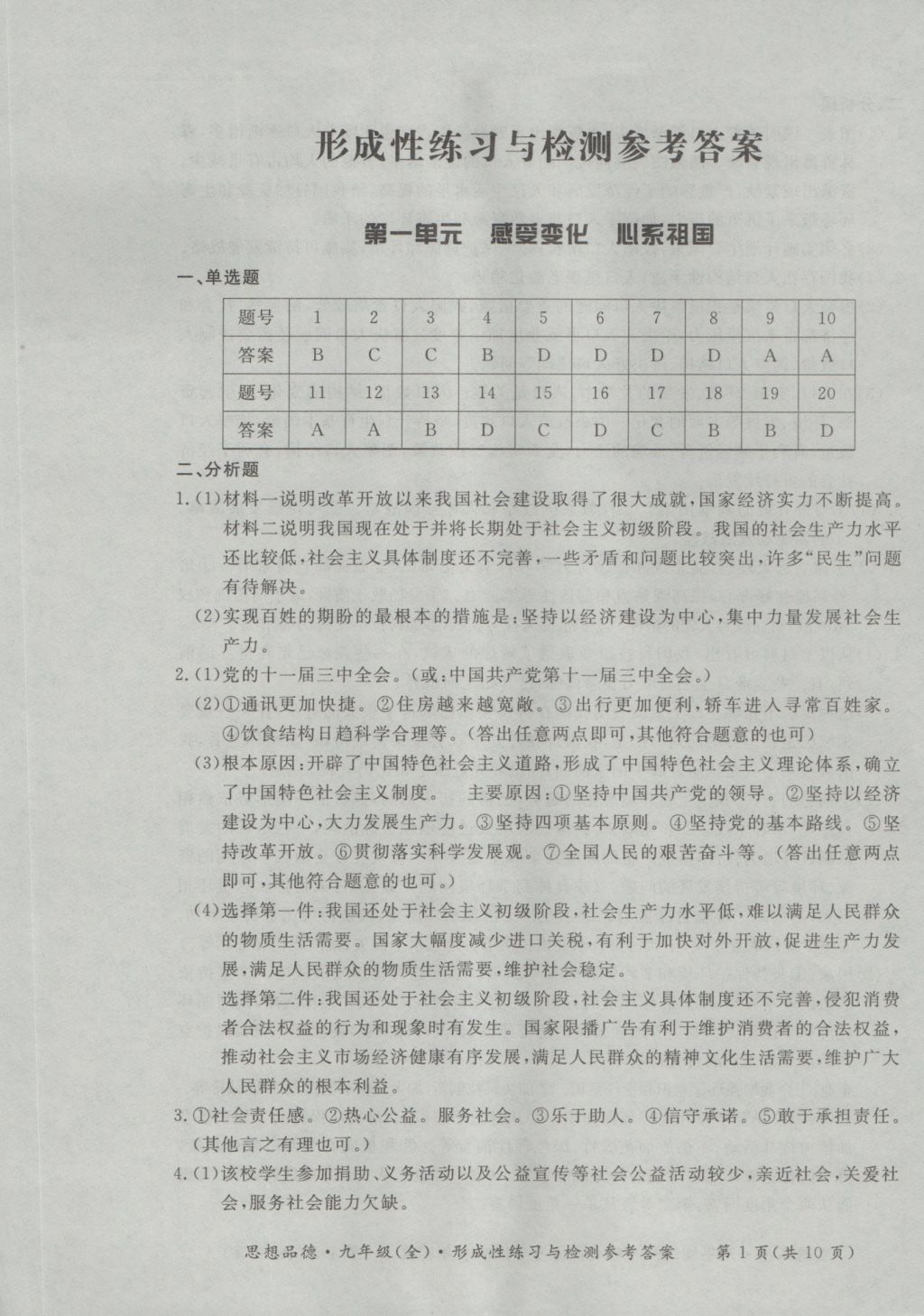 2016年新課標(biāo)形成性練習(xí)與檢測(cè)九年級(jí)思想品德全一冊(cè) 參考答案第1頁(yè)