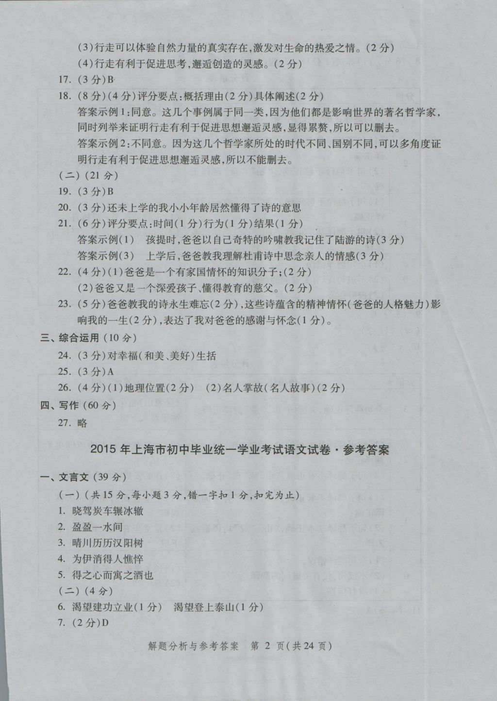 2017年燦爛在六月上海中考真卷語文 參考答案第2頁