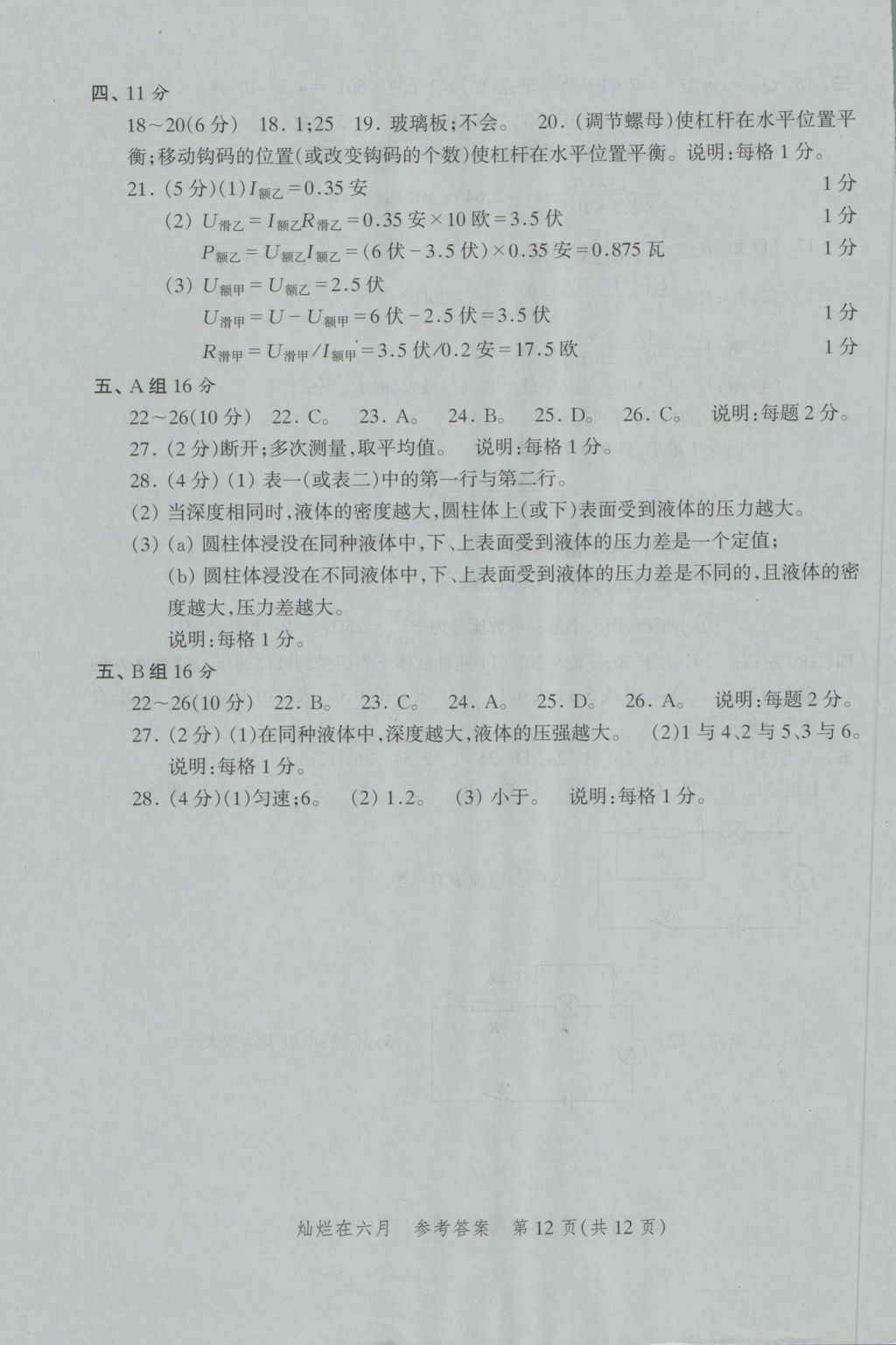 2017年燦爛在六月上海中考真卷物理 參考答案第12頁