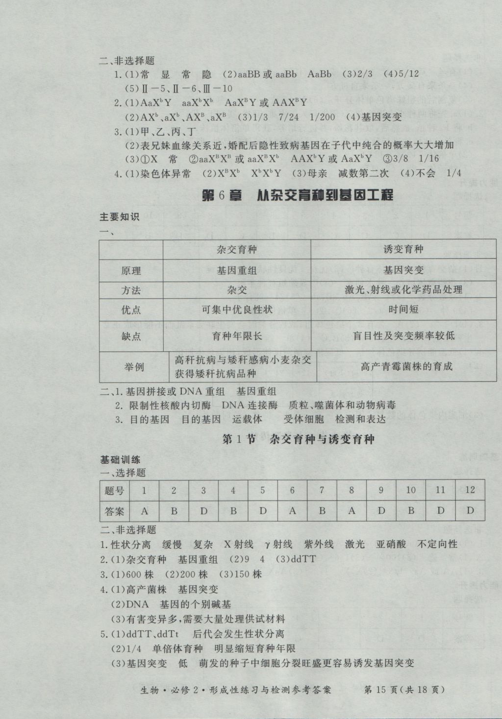 新課標形成性練習與檢測生物必修2 參考答案第15頁