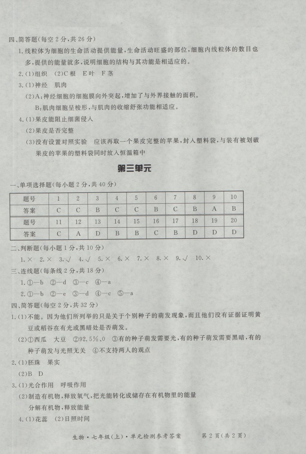 2016年新课标形成性练习与检测七年级生物上册 参考答案第10页