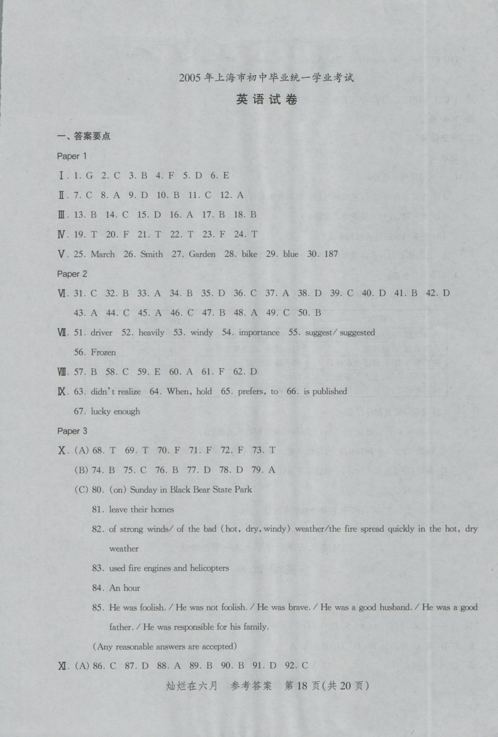 2017年燦爛在六月上海中考真卷英語 參考答案第18頁