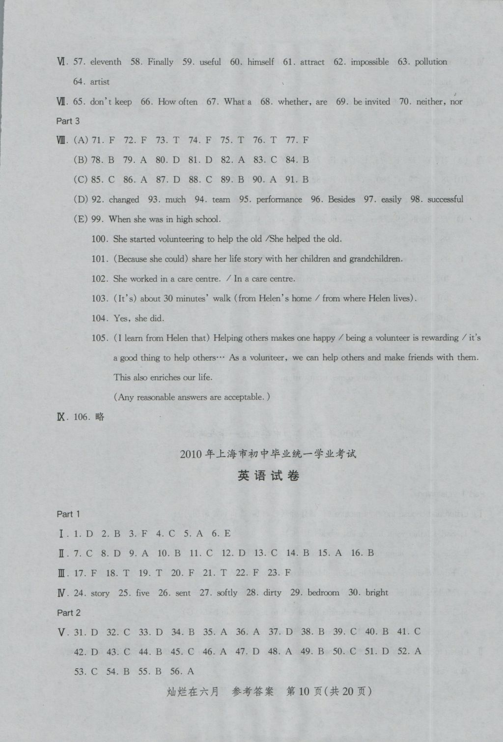 2017年燦爛在六月上海中考真卷英語 參考答案第10頁