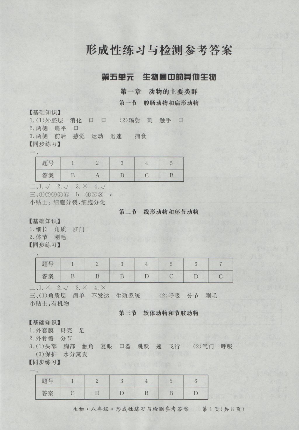 2016年新課標(biāo)形成性練習(xí)與檢測八年級生物上冊 參考答案第1頁