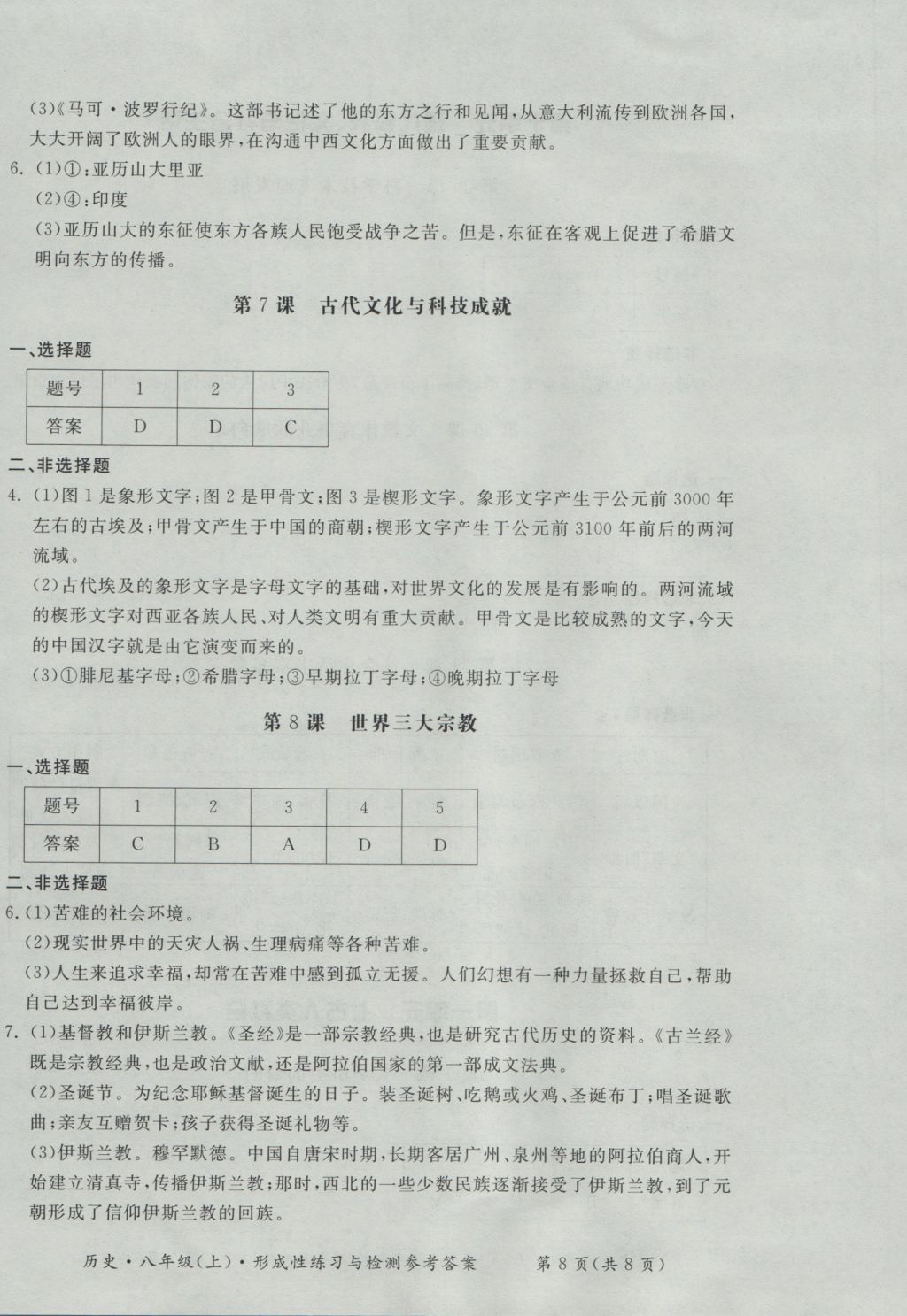 2016年新課標(biāo)形成性練習(xí)與檢測(cè)八年級(jí)歷史上冊(cè) 參考答案第8頁(yè)