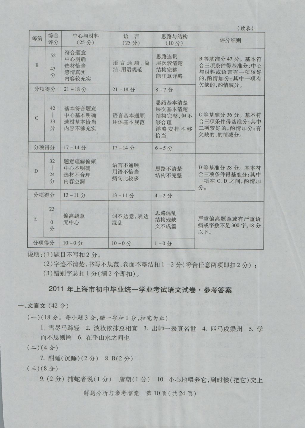 2017年灿烂在六月上海中考真卷语文 参考答案第10页