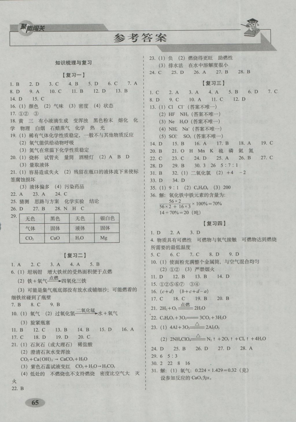 2016年聚能闖關(guān)期末復(fù)習(xí)沖刺卷九年級(jí)化學(xué)上冊(cè)滬教版 參考答案第1頁