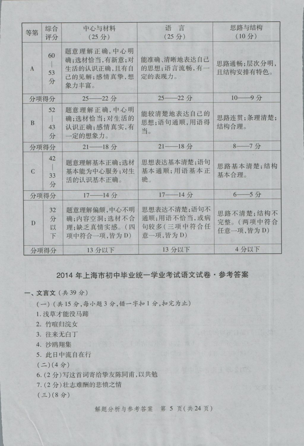 2017年灿烂在六月上海中考真卷语文 参考答案第5页