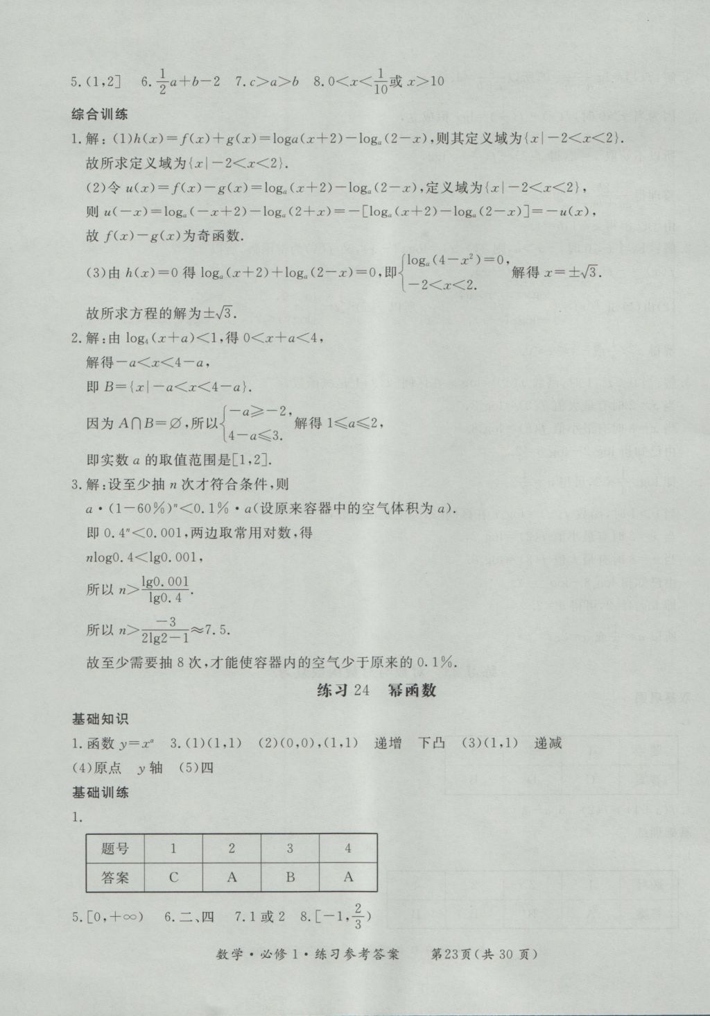 新課標(biāo)形成性練習(xí)與檢測(cè)數(shù)學(xué)必修1 參考答案第23頁(yè)