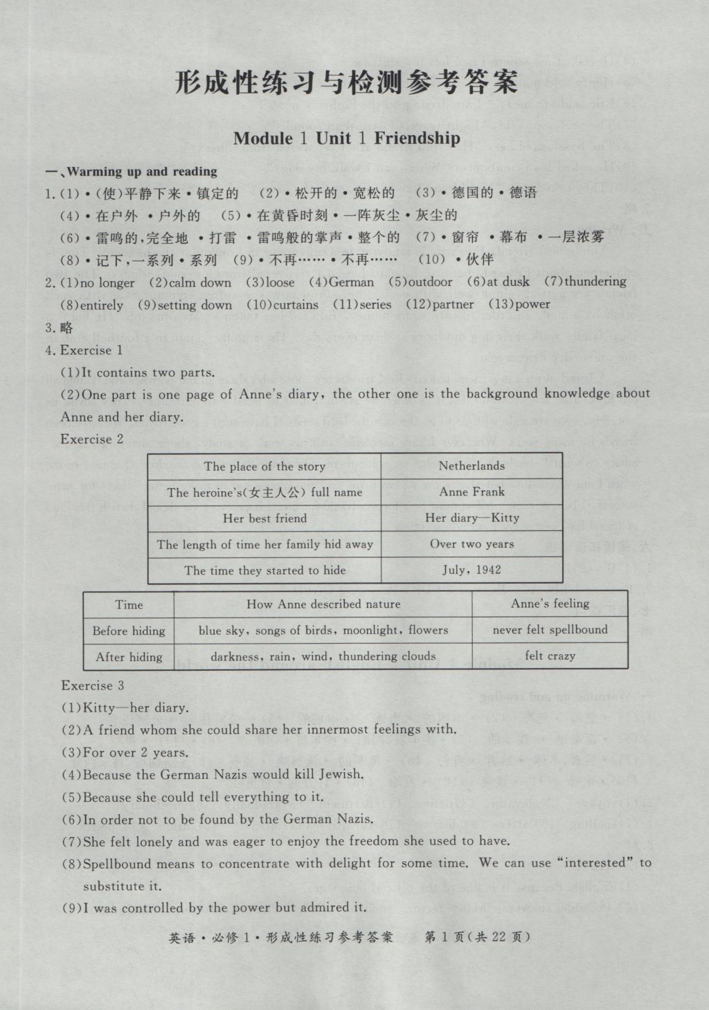 新課標形成性練習與檢測英語必修1 參考答案第1頁