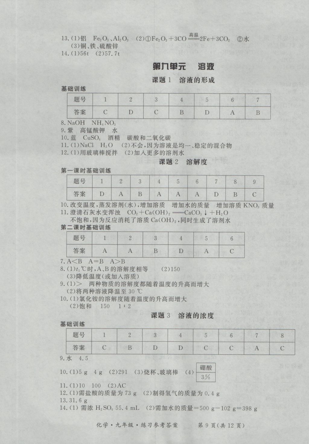 2016年新課標形成性練習與檢測九年級化學全一冊 參考答案第9頁