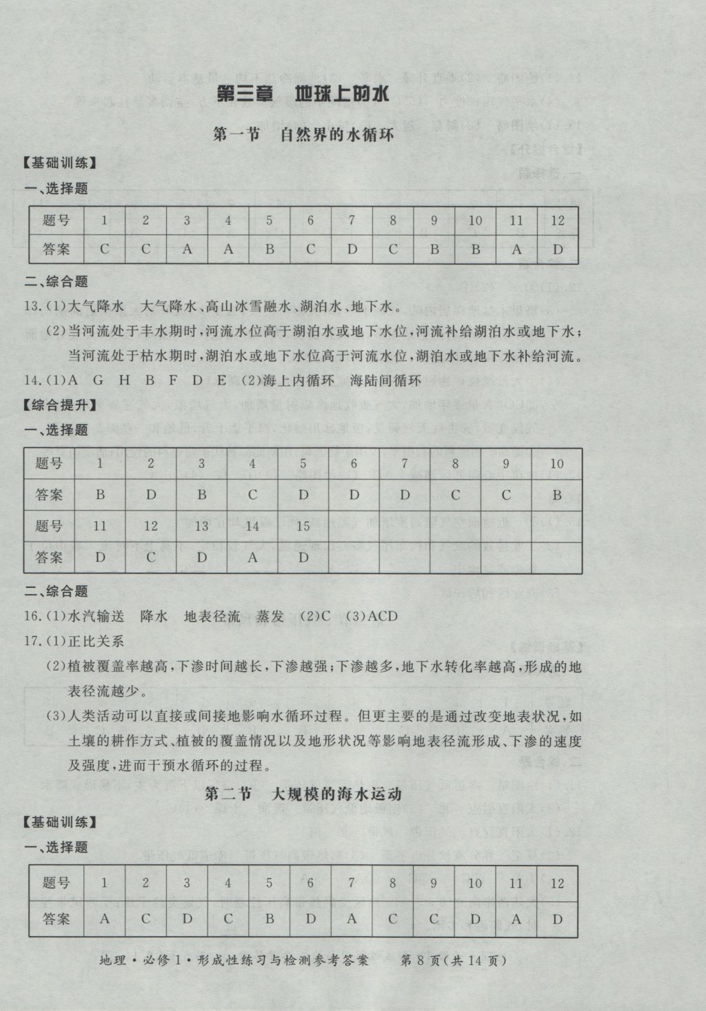 新課標(biāo)形成性練習(xí)與檢測地理必修1 參考答案第8頁