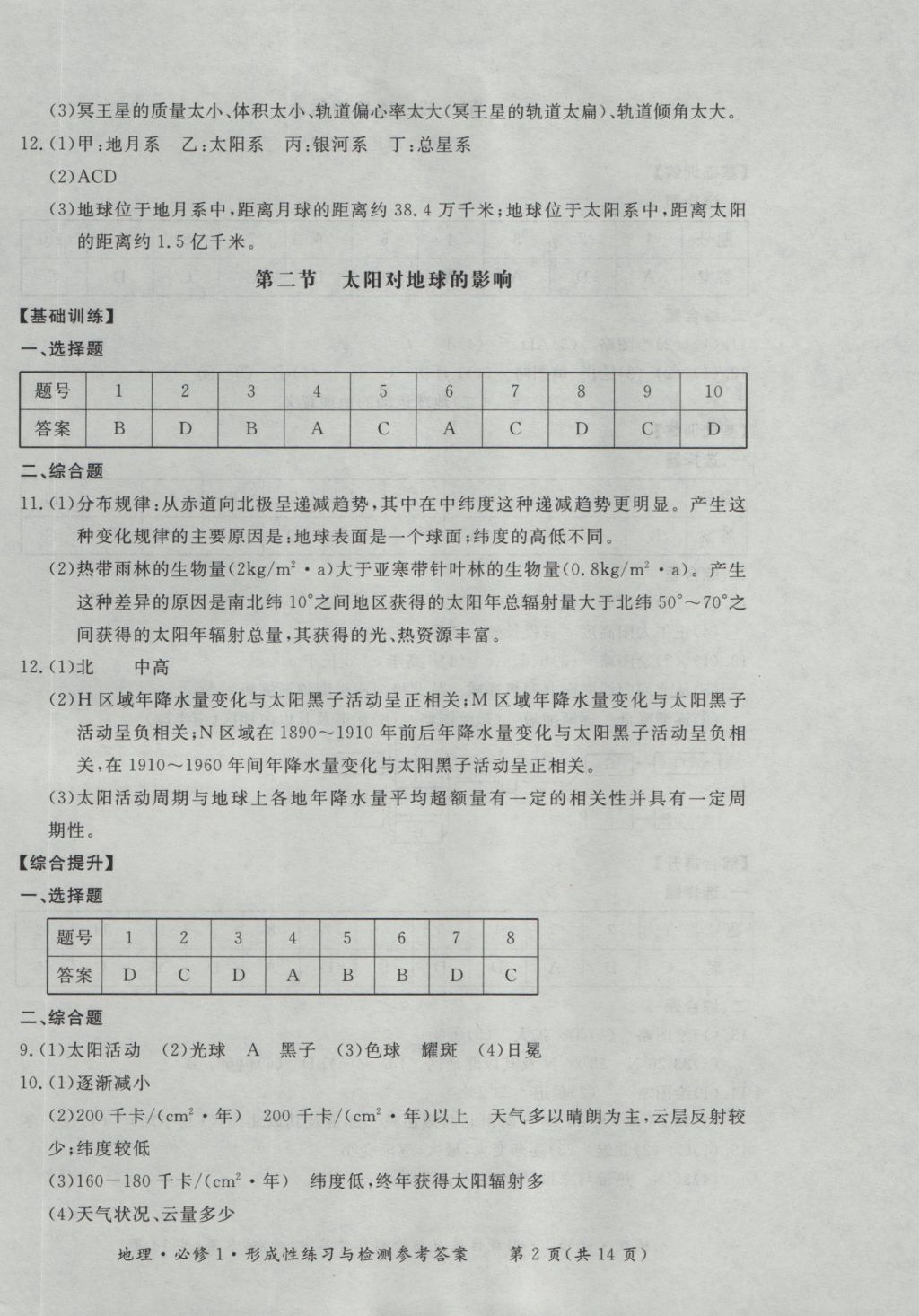 新課標(biāo)形成性練習(xí)與檢測地理必修1 參考答案第2頁