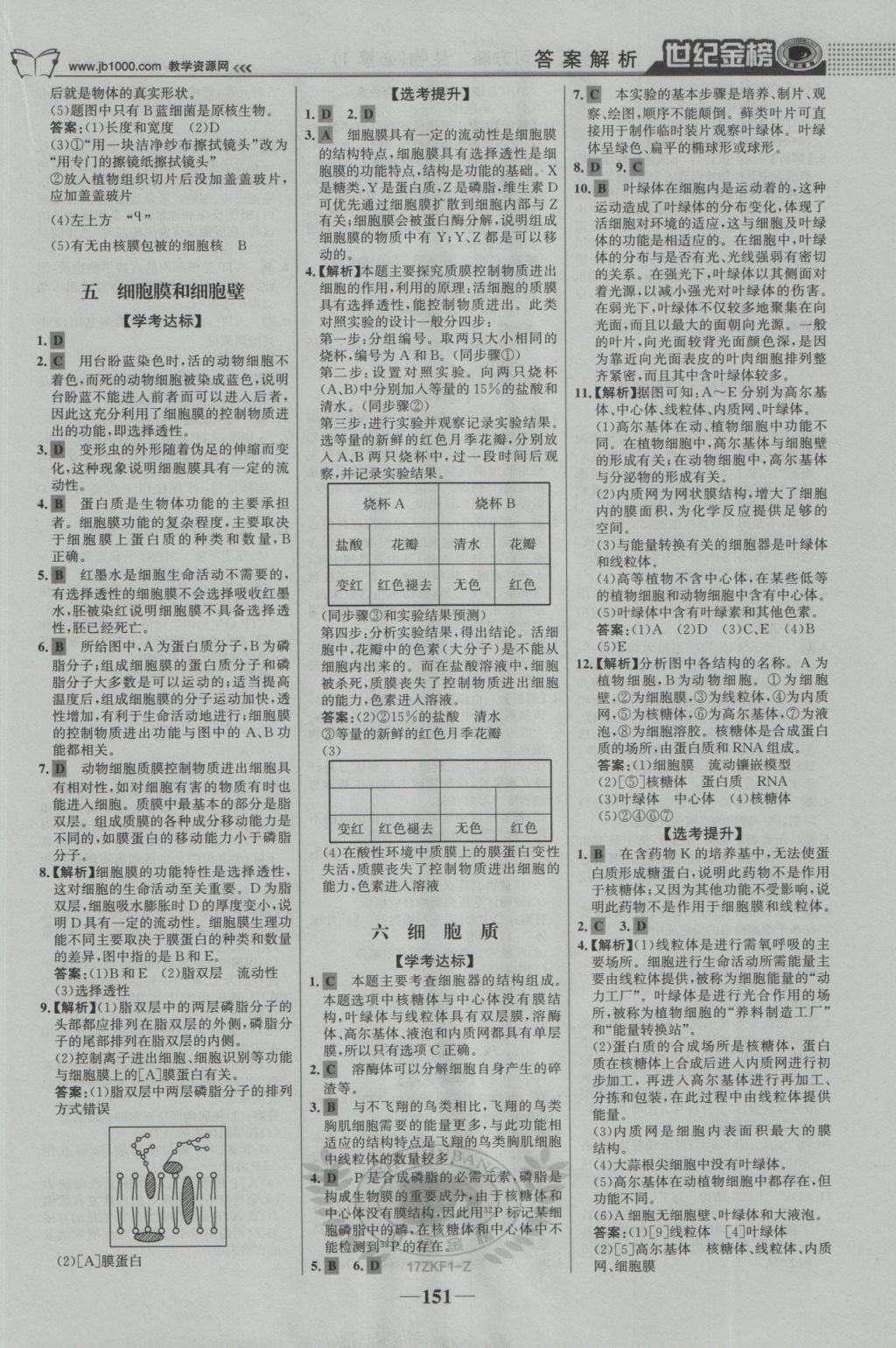 2016年世紀(jì)金榜高中全程學(xué)習(xí)方略生物必修1浙科版 參考答案第10頁