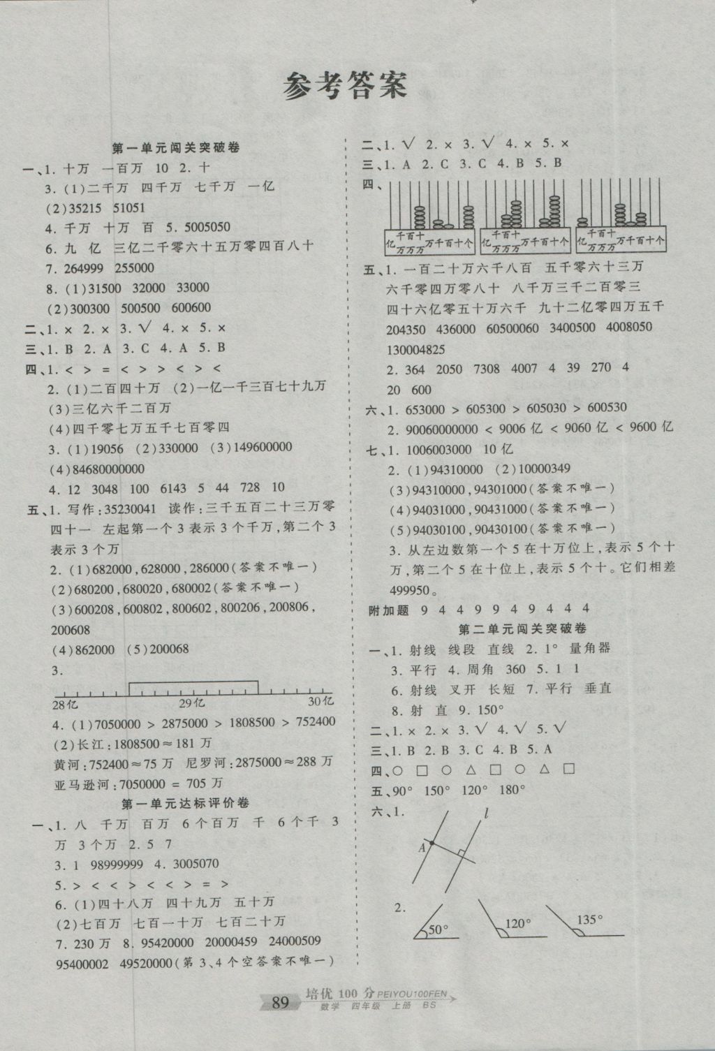 2016年王朝霞培优100分四年级数学上册北师大版 参考答案第1页