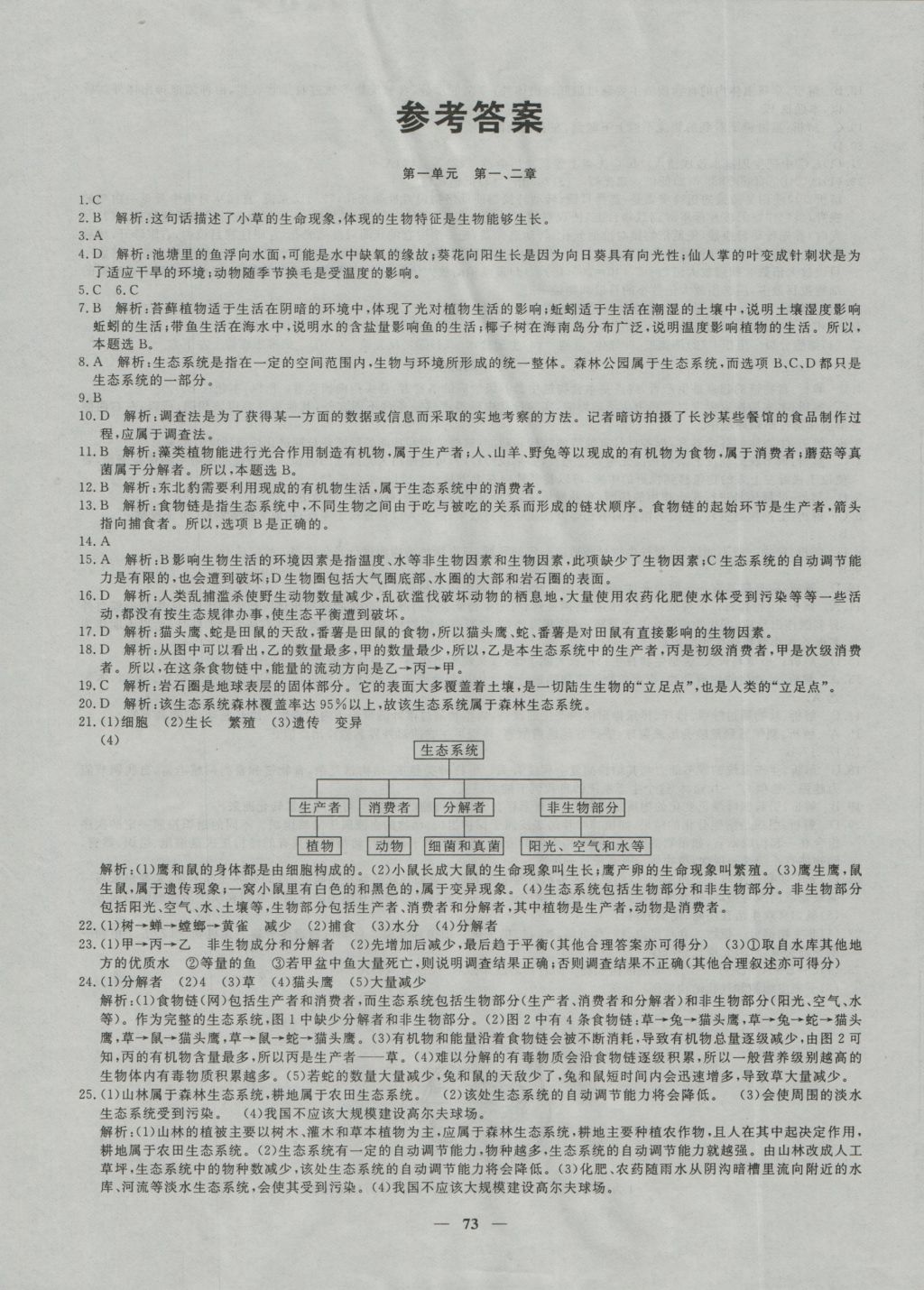 2016年王后雄黃岡密卷七年級生物上冊人教版 參考答案第1頁