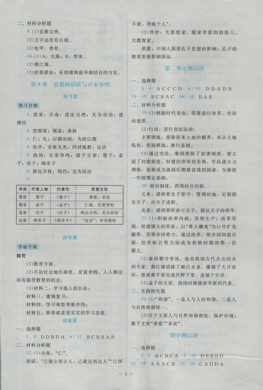 2016年课堂精练七年级中国历史上册北师大版大庆专版 参考答案第5页