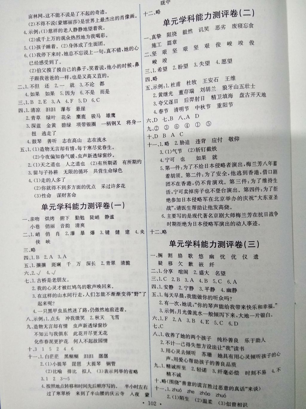 2016年能力培养与测试六年级语文上册人教版H 参考答案第10页