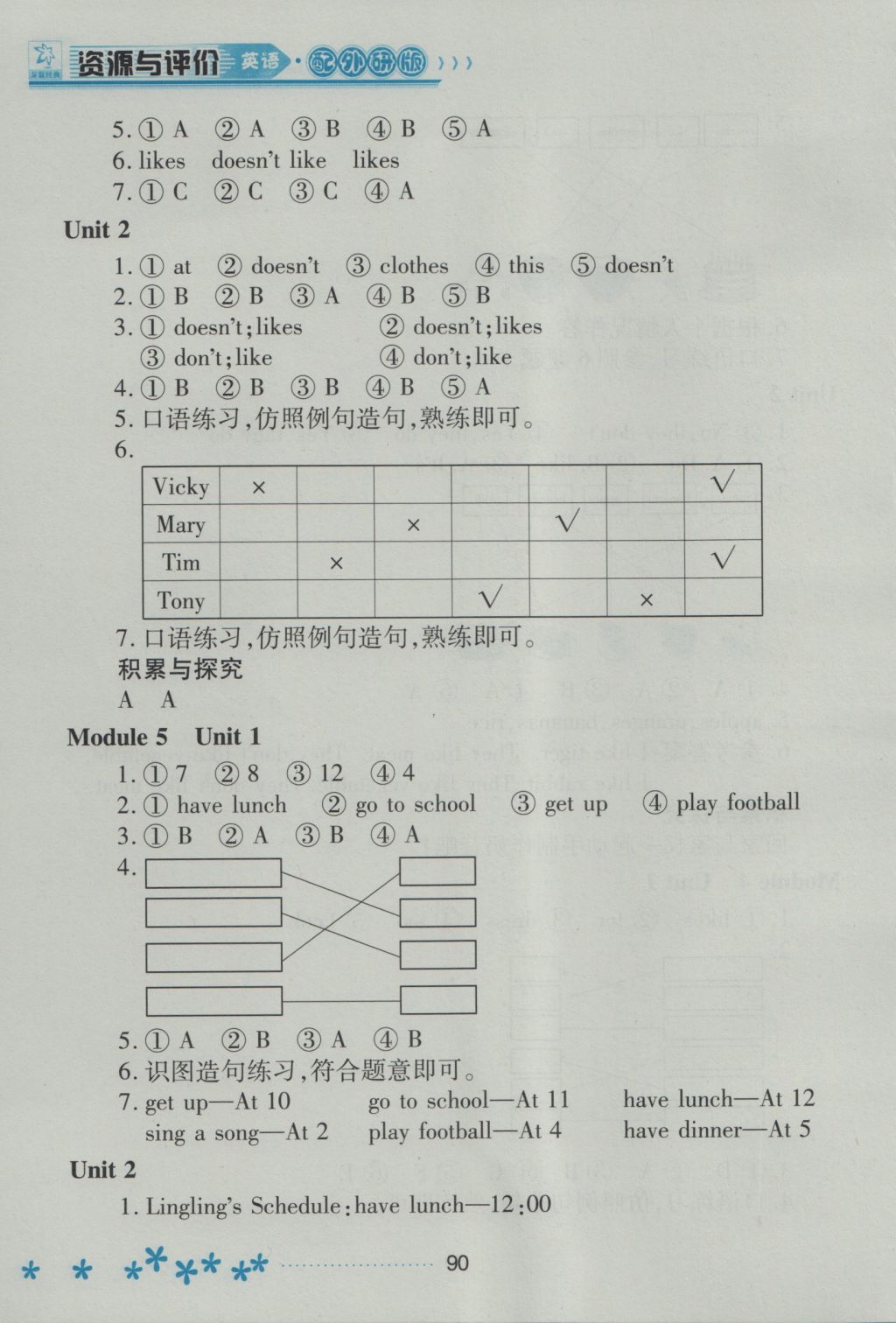 2016年資源與評價二年級英語上冊外研版 參考答案第5頁