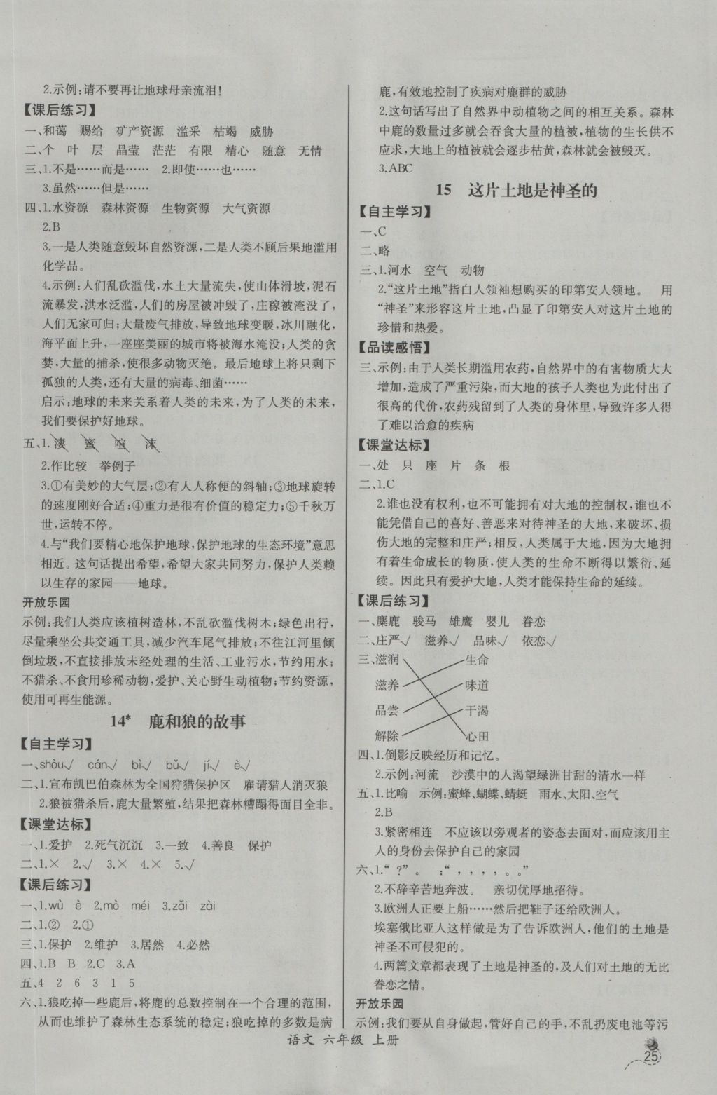 2016年同步导学案课时练六年级语文上册人教版河北专版 参考答案第5页