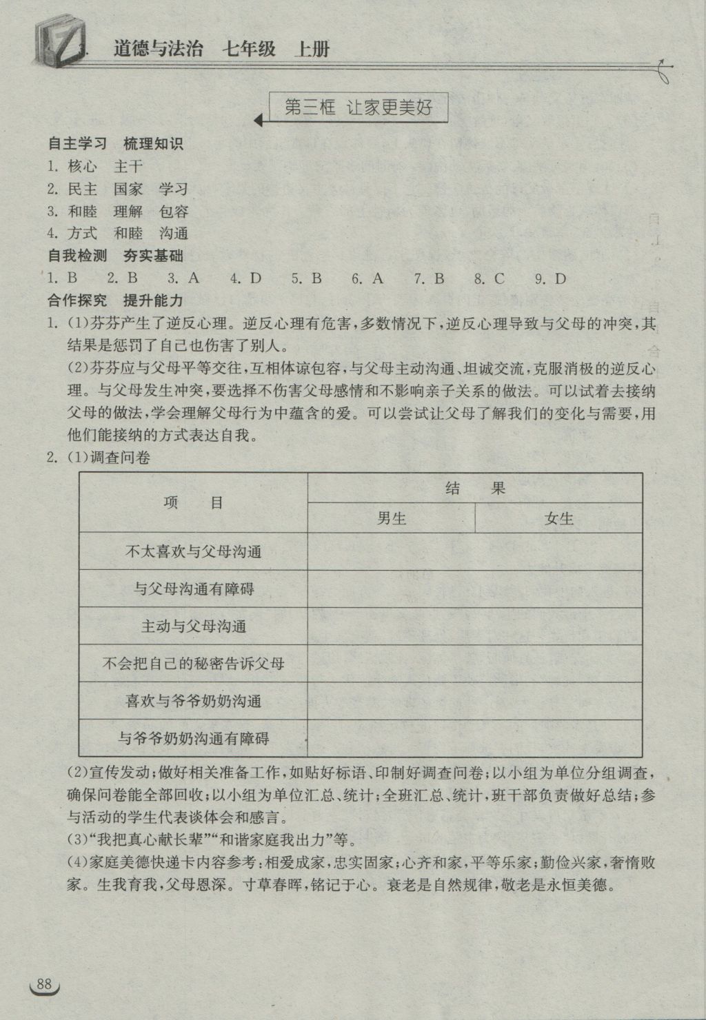 2016年长江作业本同步练习册七年级道德与法治上册人教版 参考答案第10页