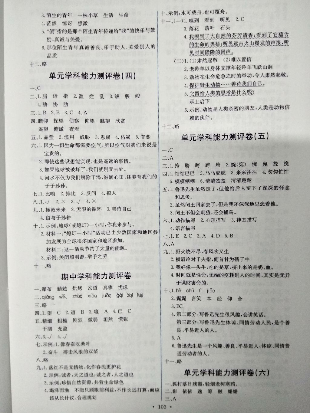 2016年能力培養(yǎng)與測(cè)試六年級(jí)語文上冊(cè)人教版H 參考答案第11頁(yè)