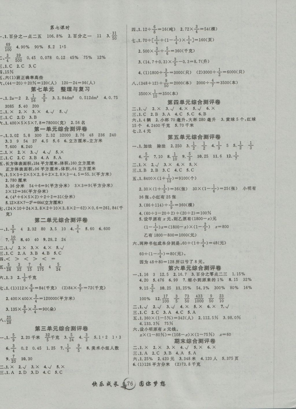 2016年优质课堂快乐成长六年级数学上册苏教版 参考答案第4页