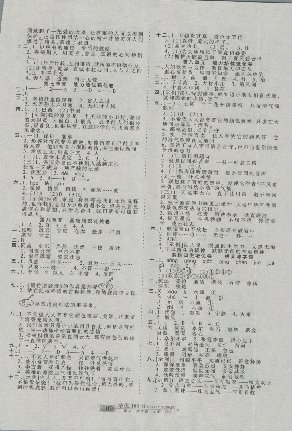 2016年王朝霞培優(yōu)100分六年級語文上冊北師大版 參考答案第5頁