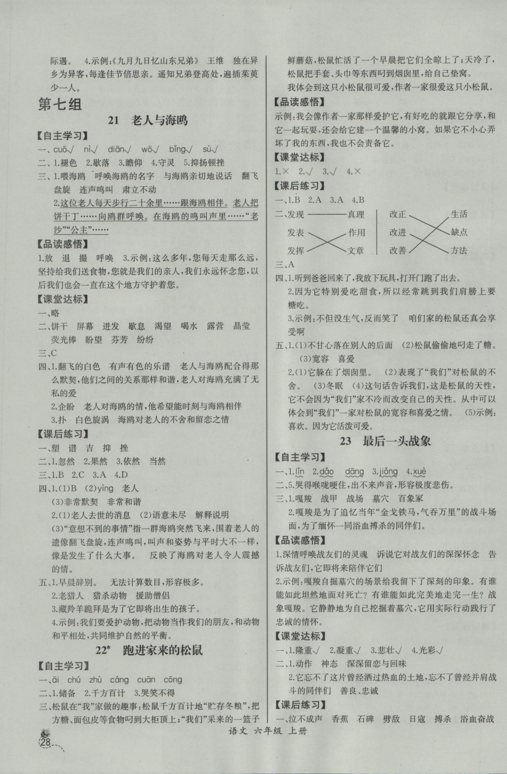 2016年同步导学案课时练六年级语文上册人教版河北专版 参考答案第8页