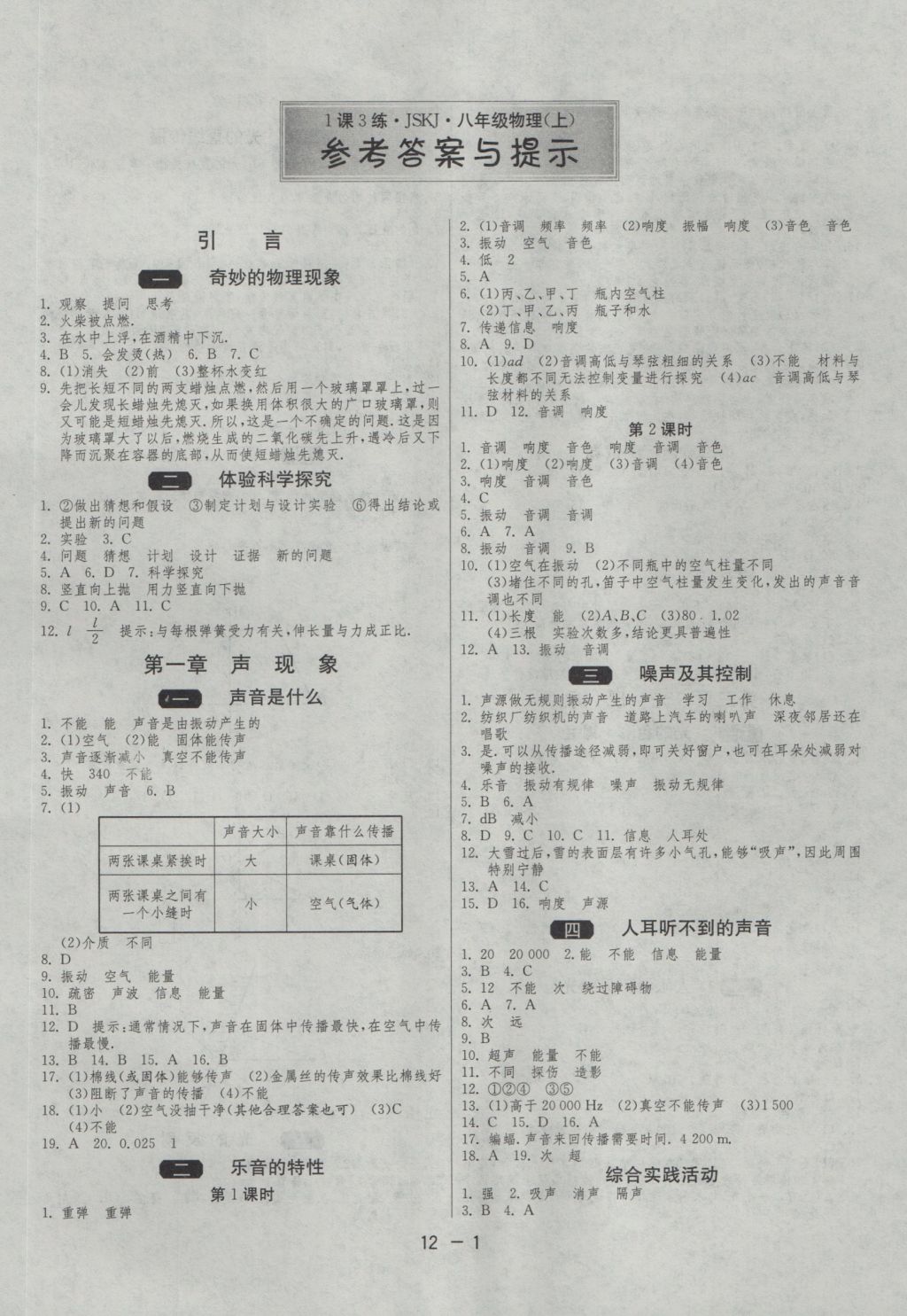 2016年1课3练单元达标测试八年级物理上册苏科版 参考答案第1页