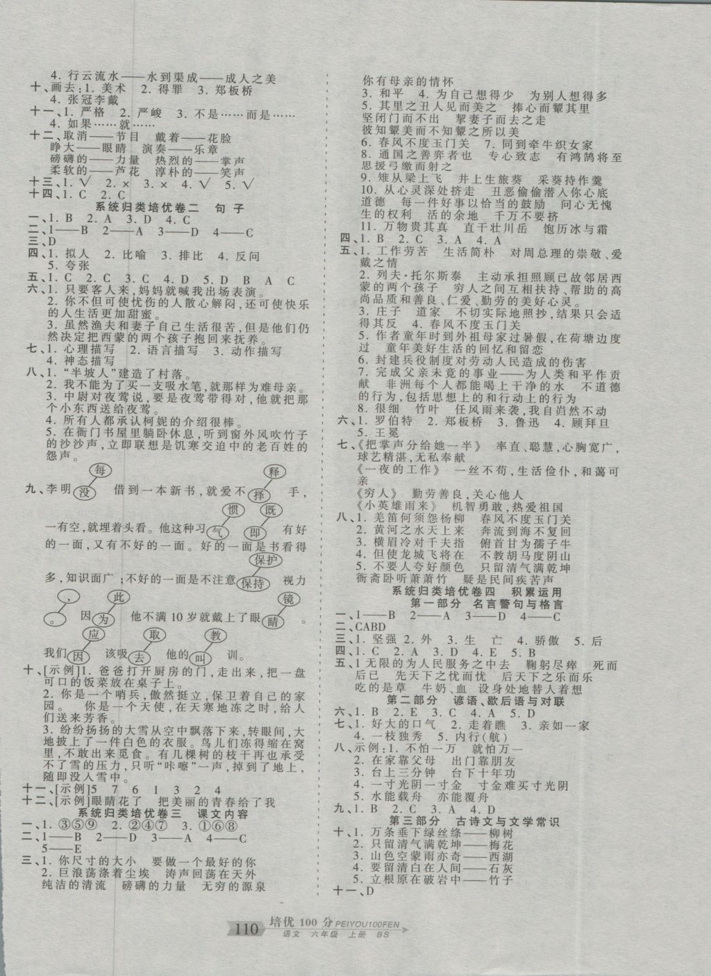 2016年王朝霞培優(yōu)100分六年級語文上冊北師大版 參考答案第6頁