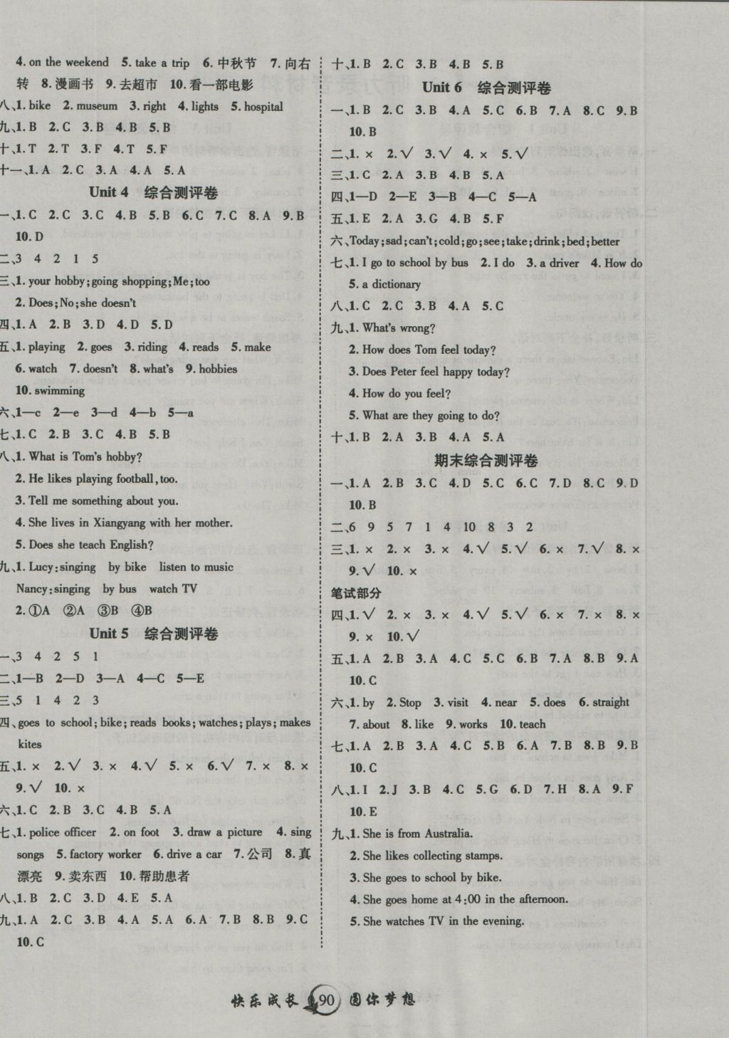 2016年優(yōu)質(zhì)課堂快樂成長六年級英語上冊人教PEP版 參考答案第6頁