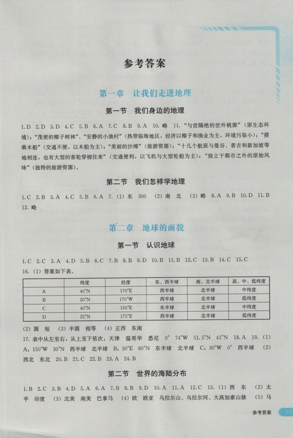 2016年地理助学读本七年级上册 参考答案第1页