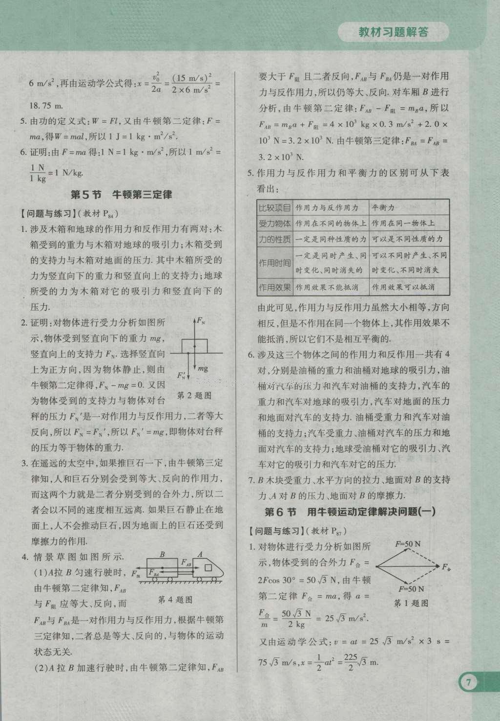 课本人教版高中物理必修1 参考答案第7页