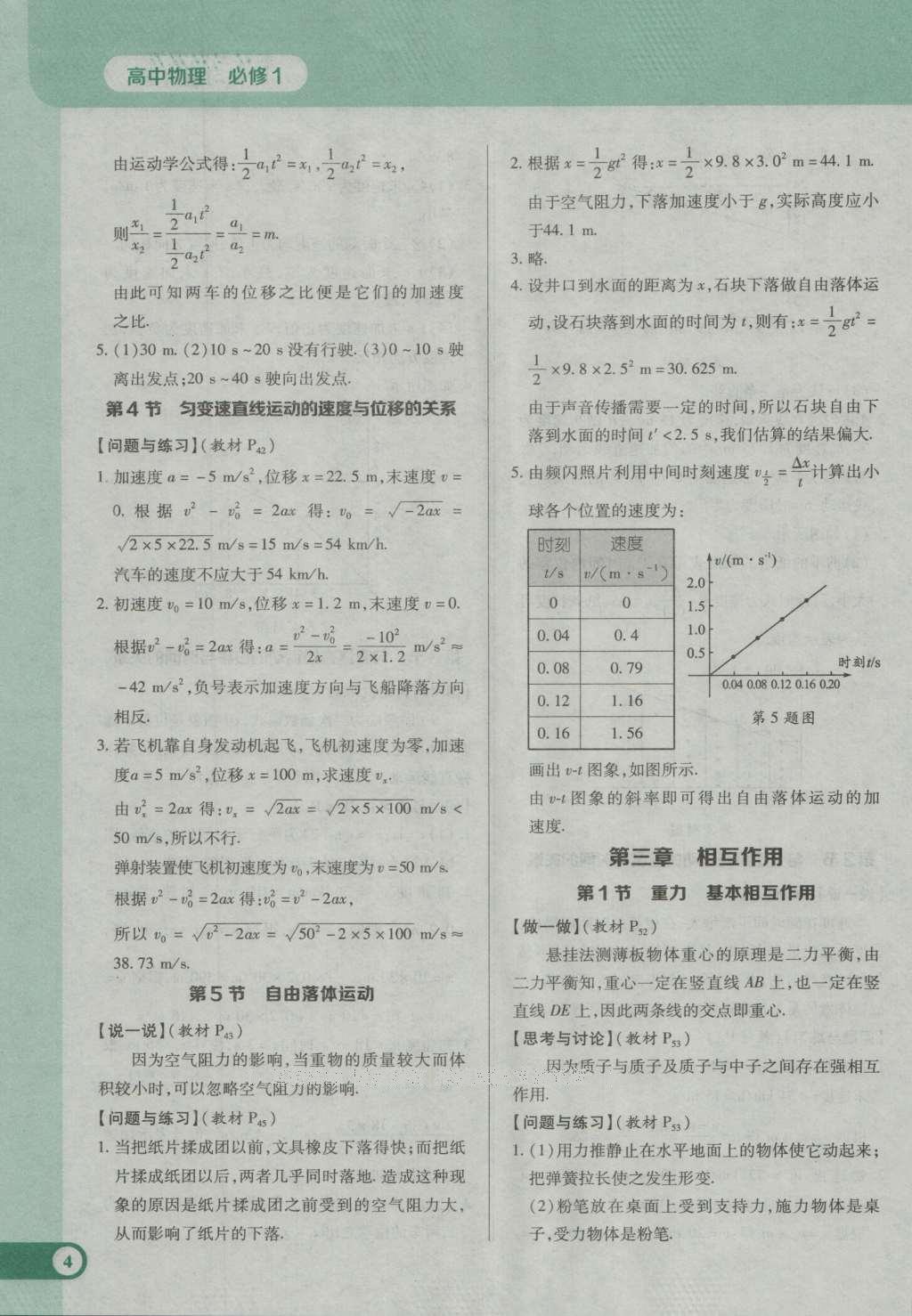 課本人教版高中物理必修1 參考答案第4頁(yè)