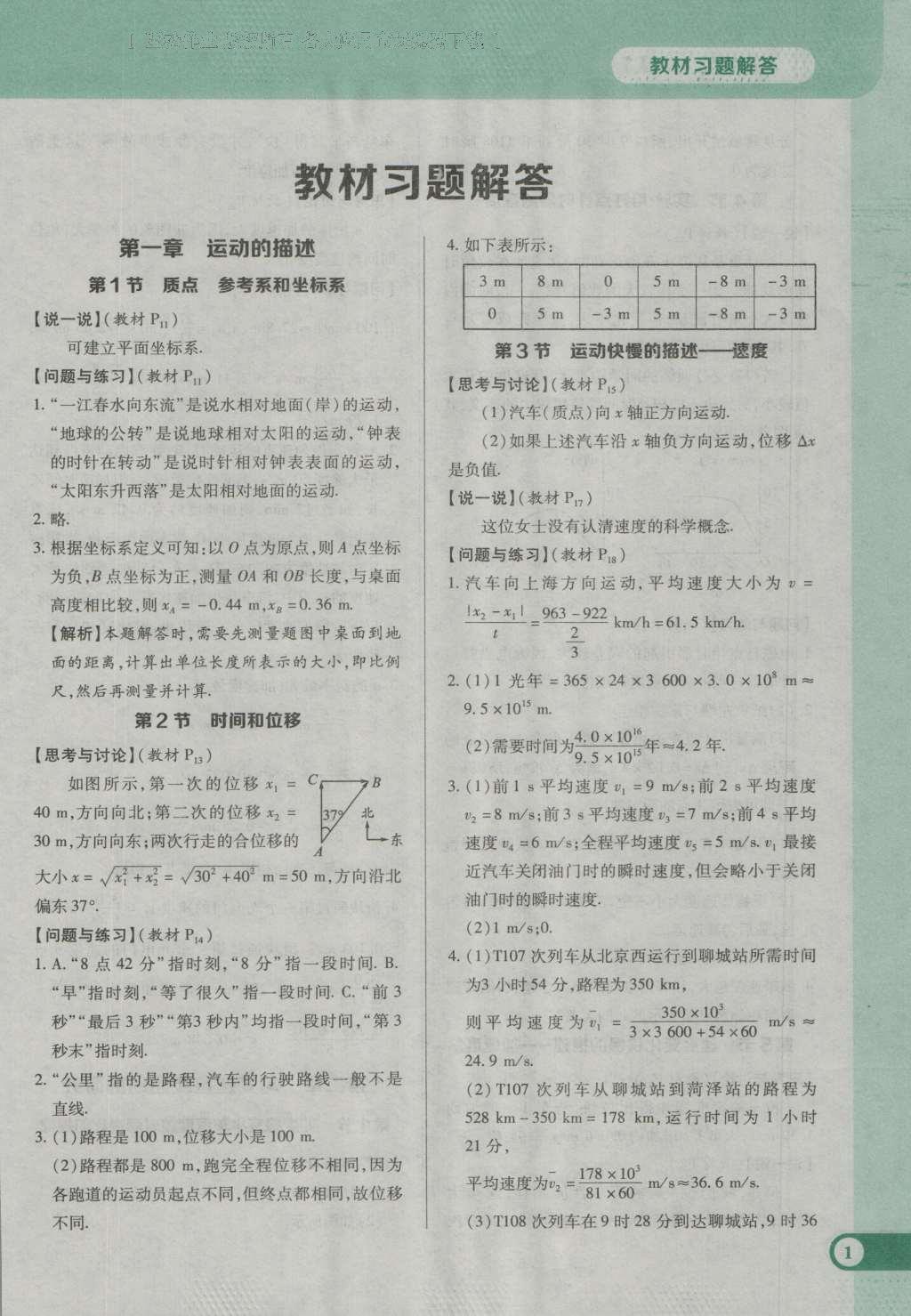 课本人教版高中物理必修1 参考答案第1页