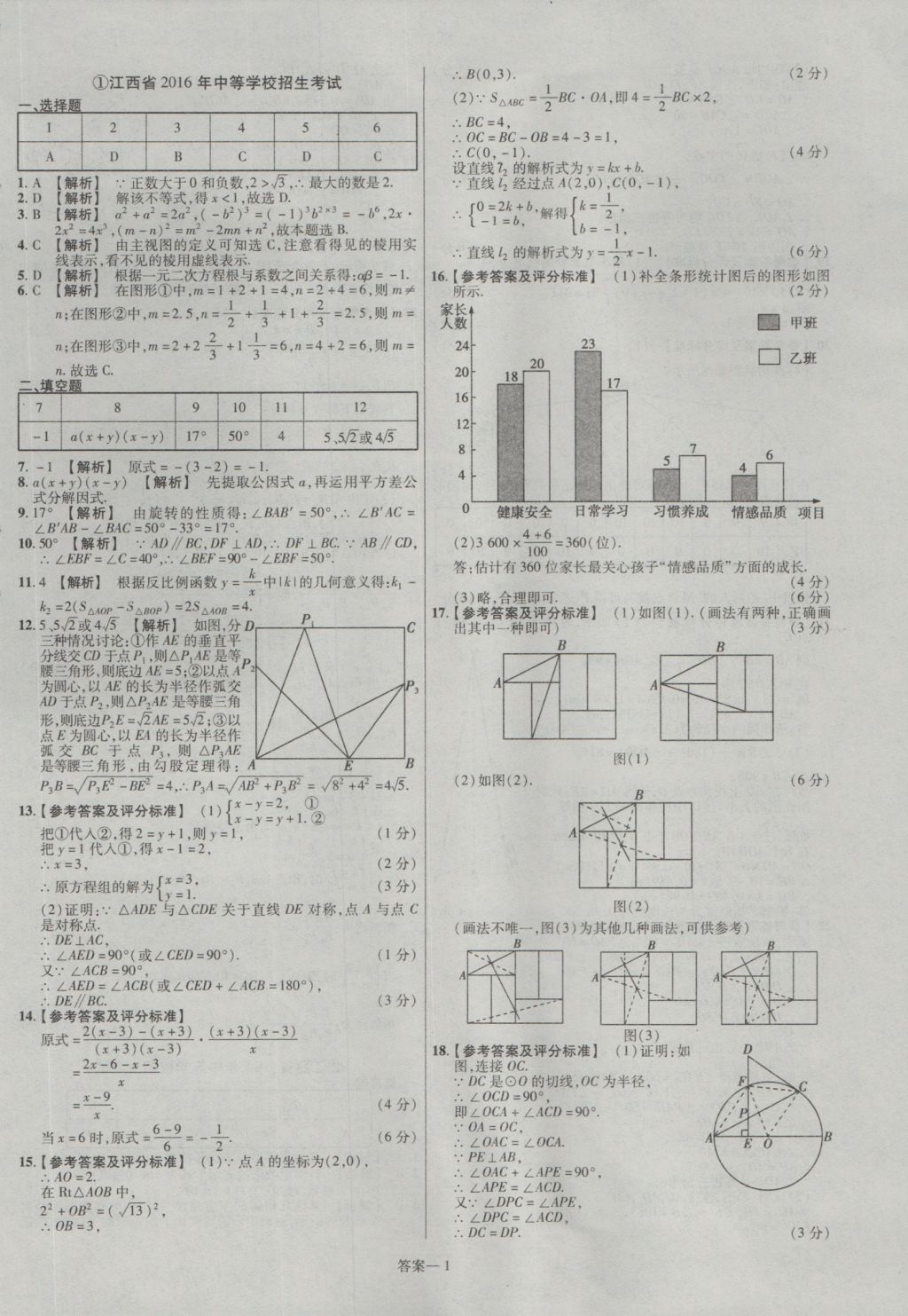 2017年金考卷江西中考45套匯編數(shù)學第6版 參考答案第1頁