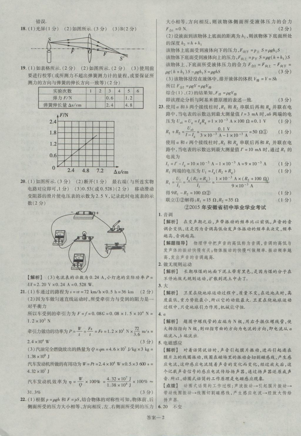 2017年金考卷安徽中考45套匯編物理第7版 參考答案第2頁