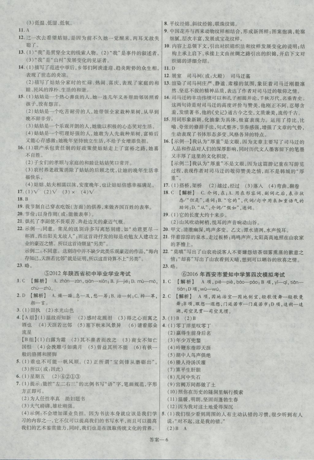 2017年金考卷陕西中考45套汇编语文 参考答案第6页