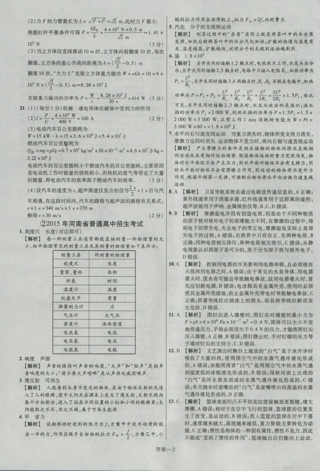 2017年金考卷河南中考45套匯編物理第8版 參考答案第2頁