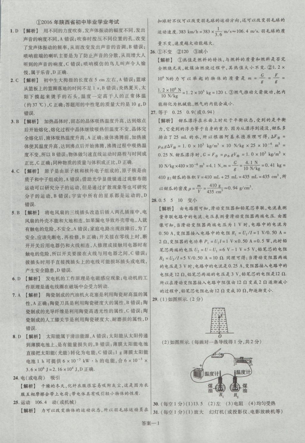 2017年金考卷陕西中考45套汇编物理第6版 参考答案第1页