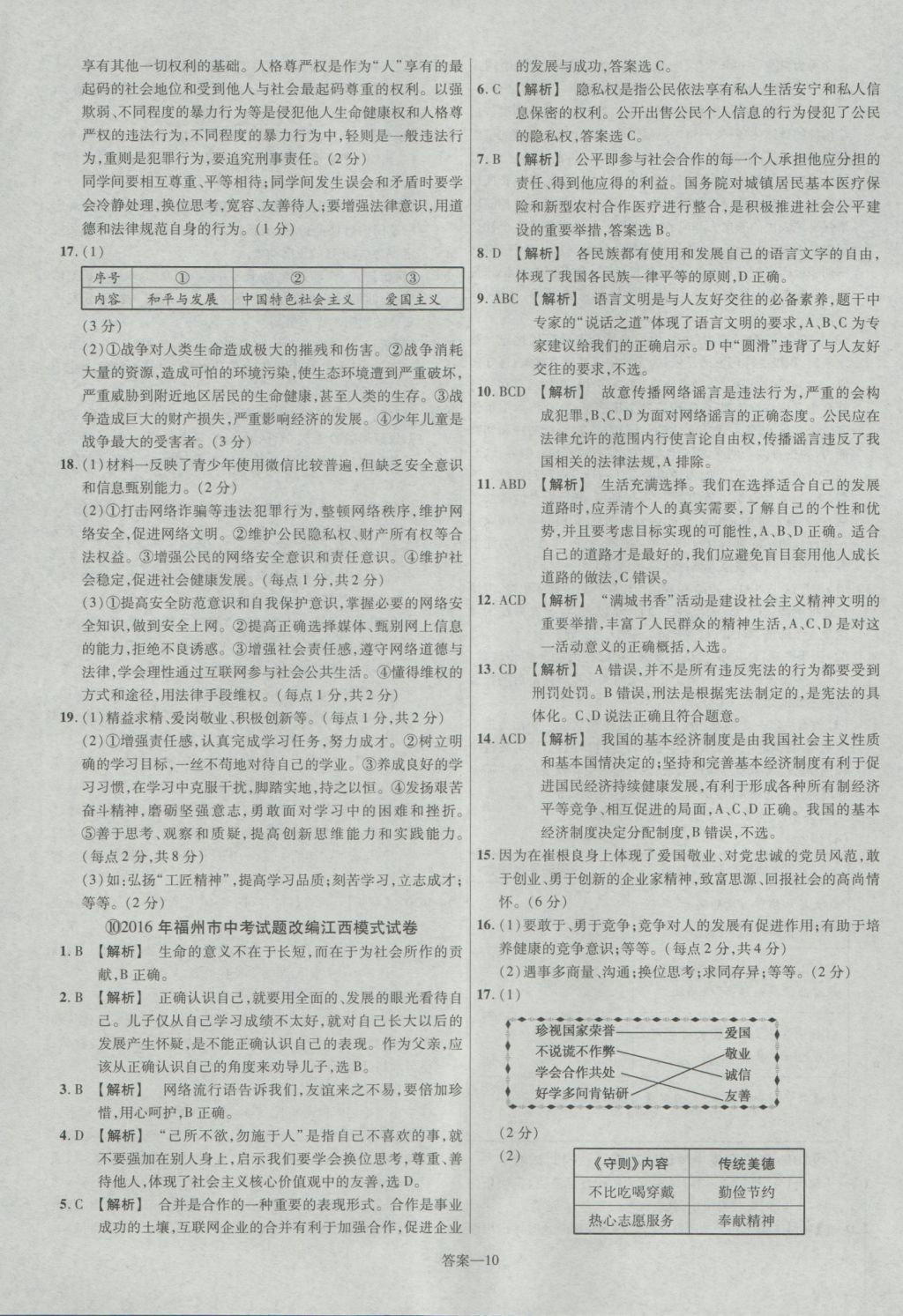 2017年金考卷江西中考45套匯編思想品德第6版 參考答案第10頁(yè)