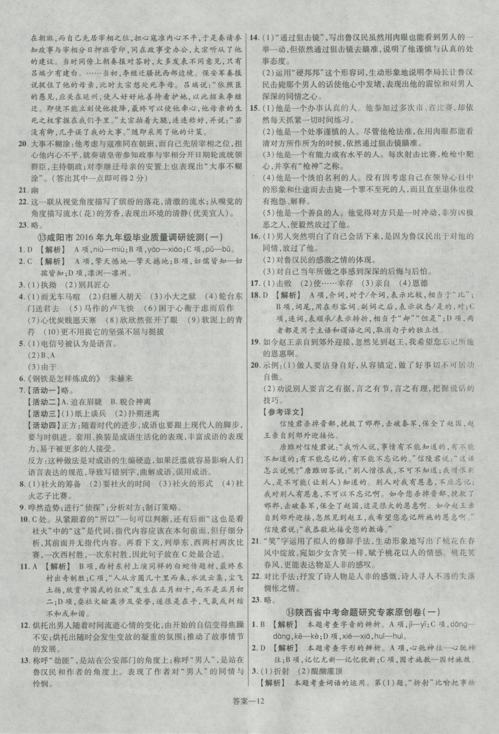 2017年金考卷陕西中考45套汇编语文 参考答案第12页