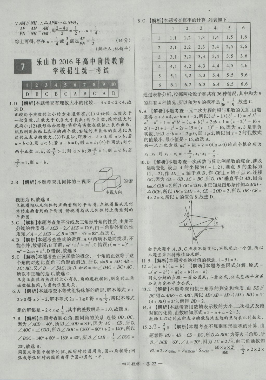 2017年天利38套四川省中考試題精選數(shù)學(xué) 參考答案第22頁