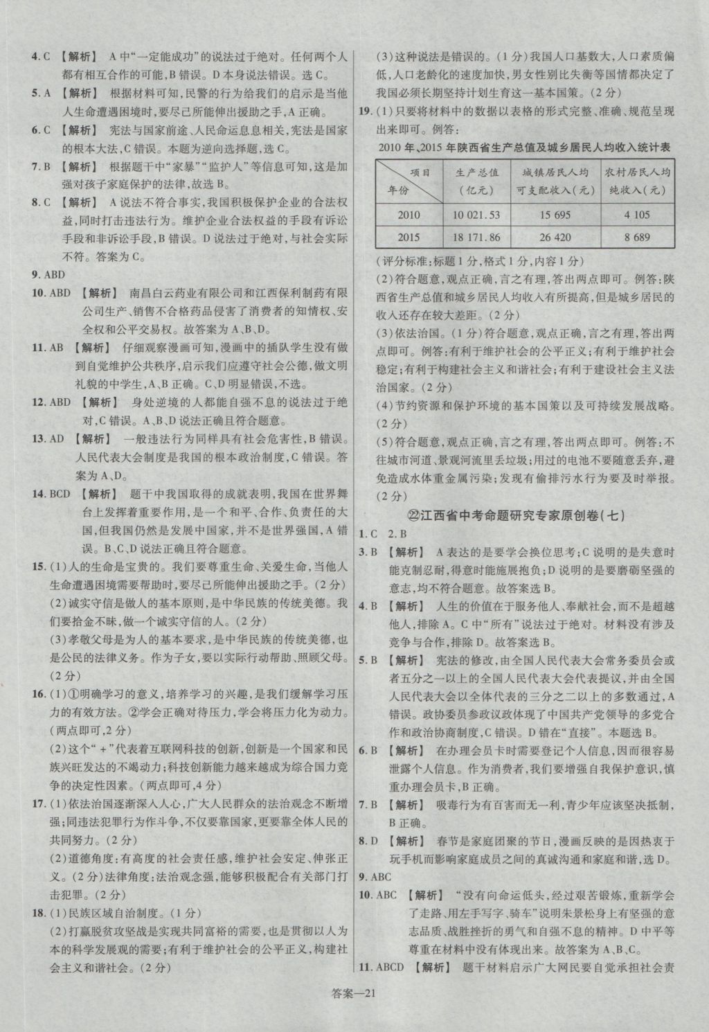 2017年金考卷江西中考45套匯編思想品德第6版 參考答案第21頁