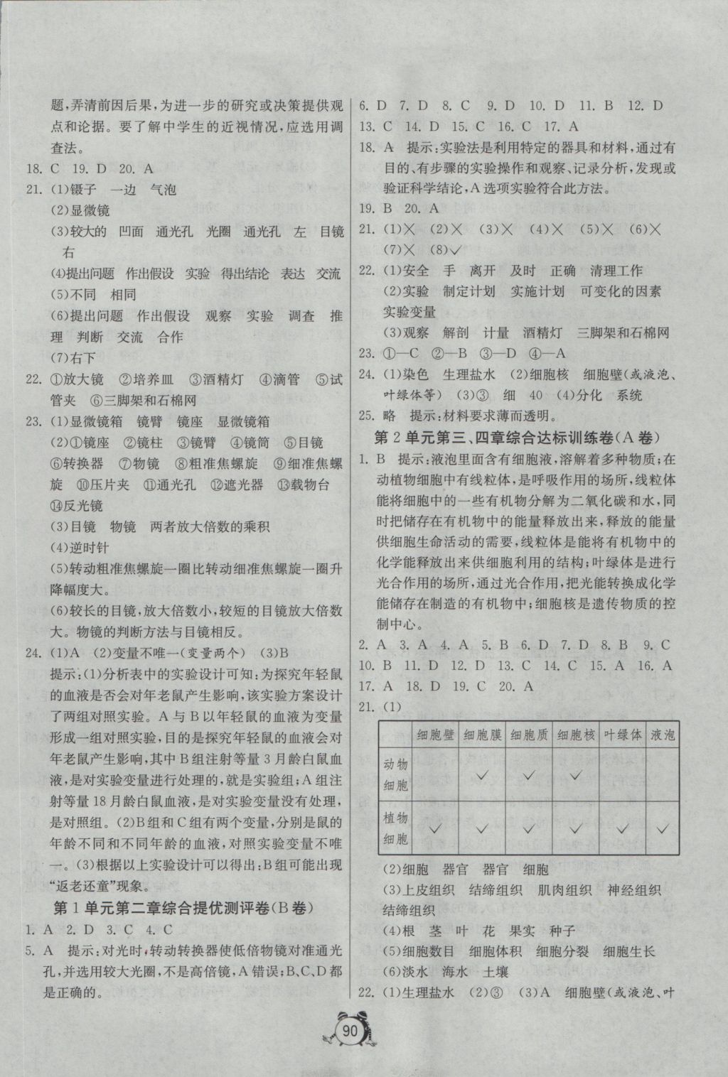 2016年單元雙測全程提優(yōu)測評卷七年級生物學上冊蘇教版 參考答案第2頁