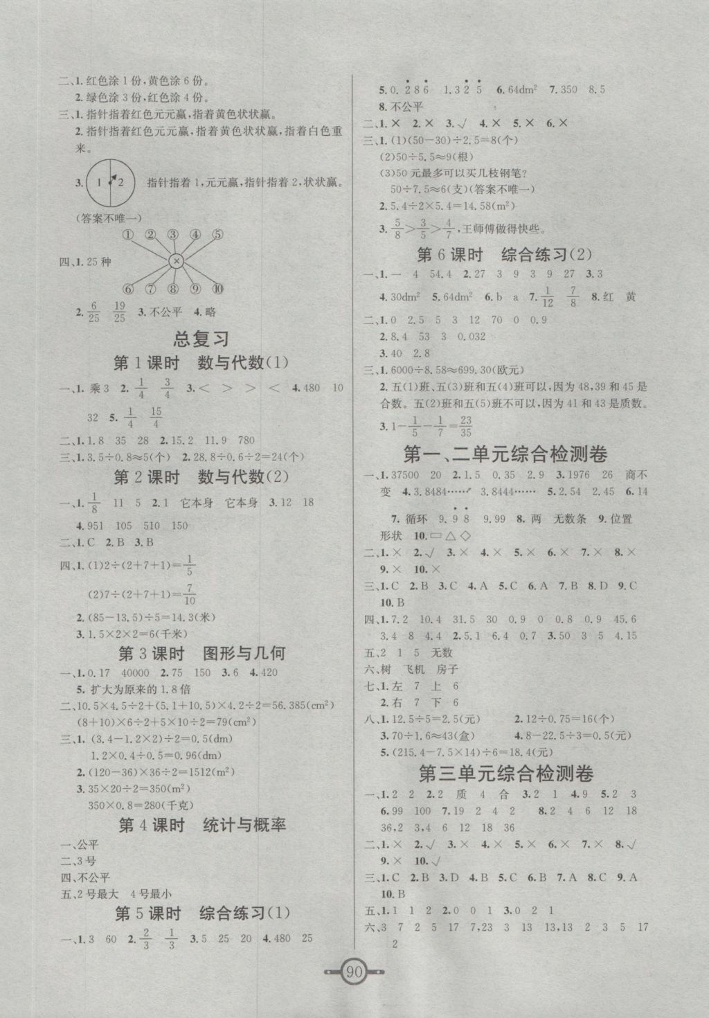 2016年名师金手指领衔课时五年级数学上册北师大版 参考答案第6页