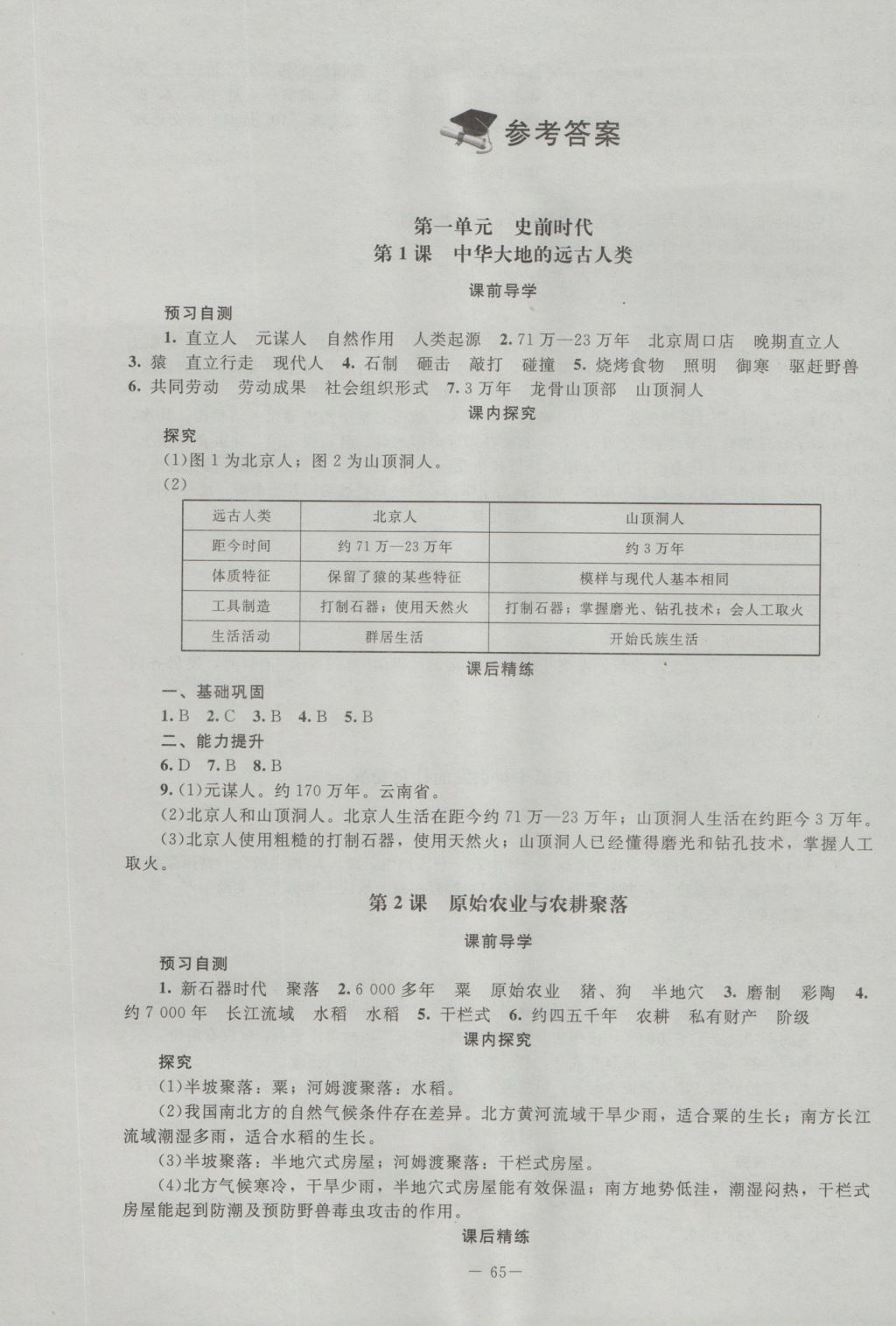 2016年课堂精练七年级中国历史上册北师大版山西专版 参考答案第1页